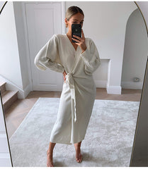 V-Neck Lace-Up Slit Night Dress – Knit Cardigan Style - NOIRPYJAMA