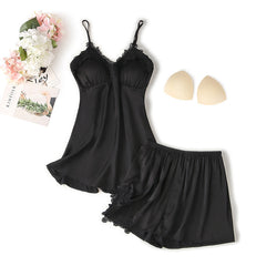 Suspender Shorts Suit With Chest Pad Silk Loungewear - NoirPyjamas