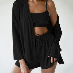 Women’s 3-Piece Ice Silk Pyjama Loungewear Set – Wrap Top, Short & Lightweight Layer