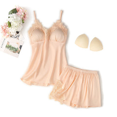 Suspender Shorts Suit With Chest Pad Silk Loungewear - NoirPyjamas