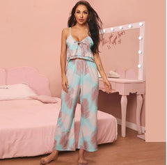 V-neck Sling Print Comfortable Pyjama Set - NoirPyjamas