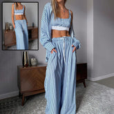 3-Piece Striped Bralette, Cardigan & Pants Lounge Set