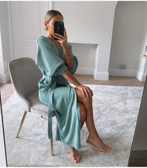 V-Neck Lace-Up Slit Night Dress – Knit Cardigan Style - NOIRPYJAMA