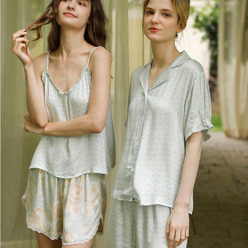 Green Bud Floral Short Sleeve Pyjama Set – Viscose - NOIRPYJAMA