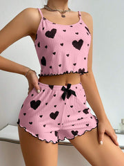 Heart Print Pyjama Set – Striped Suspender Shorts - NOIRPYJAMA