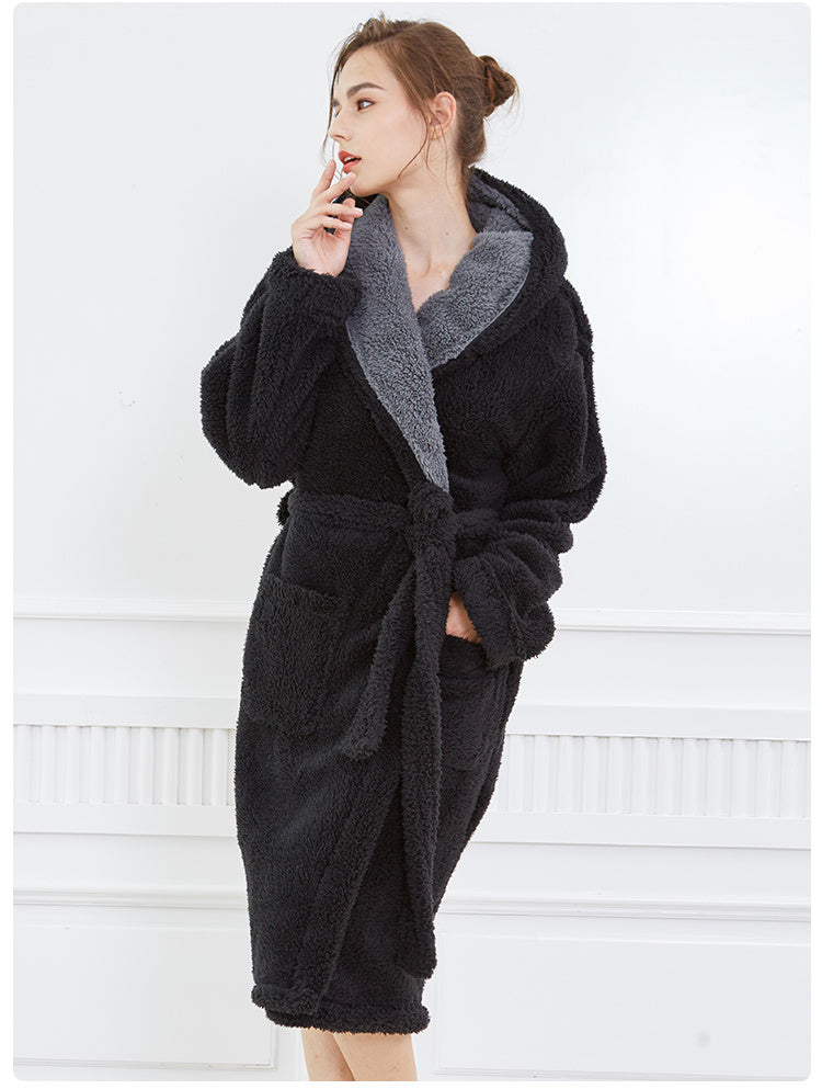 Couple Thick Hooded Coral Fleece Nightgown Warm Pyjama - NoirPyjamas