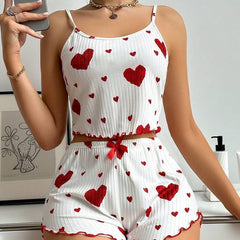 Heart Print Pyjama Set – Striped Suspender Shorts - NOIRPYJAMA