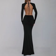 V-Neck Backless Long Sleeve Fishtail Gown with Decorative Flower - NOIRPYJAMA