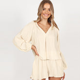 Pure Cotton V-Neck Long-Sleeve & Shorts Pyjama Set – 2-Piece - NOIRPYJAMA