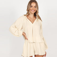 Pure Cotton V-Neck Long-Sleeve & Shorts Pyjama Set – 2-Piece - NOIRPYJAMA