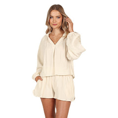 Pure Cotton V-Neck Long-Sleeve & Shorts Pyjama Set – 2-Piece - NOIRPYJAMA