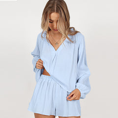 Pure Cotton V-Neck Long-Sleeve & Shorts Pyjama Set – 2-Piece - NOIRPYJAMA
