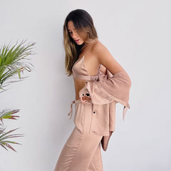 Elegant 3-Piece Lounge Set with Lapel Shirt - NOIRPYJAMA