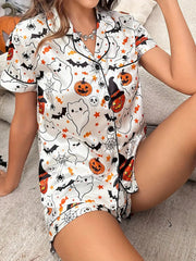Women’s Halloween Pyjama Set – Short Sleeve Pumpkin Print Loungewear - NOIRPYJAMA