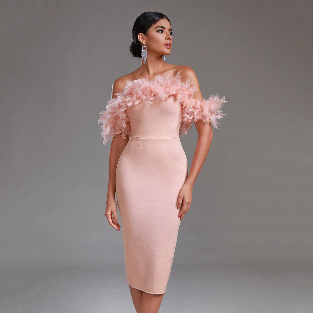 Off-neck Feather Dress - NOIRPYJAMA