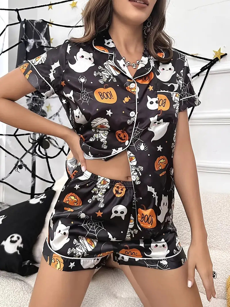 Women’s Halloween Pyjama Set – Short Sleeve Pumpkin Print Loungewear - NOIRPYJAMA