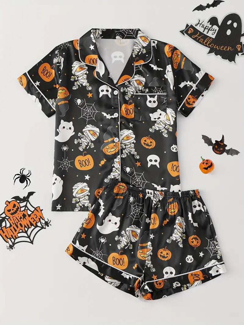 Women’s Halloween Pyjama Set – Short Sleeve Pumpkin Print Loungewear - NOIRPYJAMA