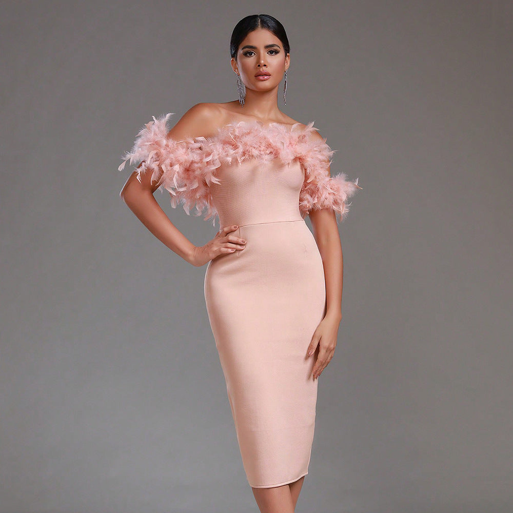 Off-neck Feather Dress - NOIRPYJAMA