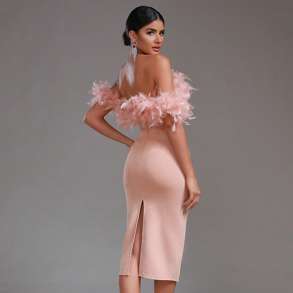 Off-neck Feather Dress - NOIRPYJAMA