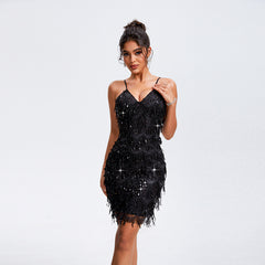 Starlight Tassel Sequin Dress – Sleeveless High-Waist Sling Style - NOIRPYJAMA