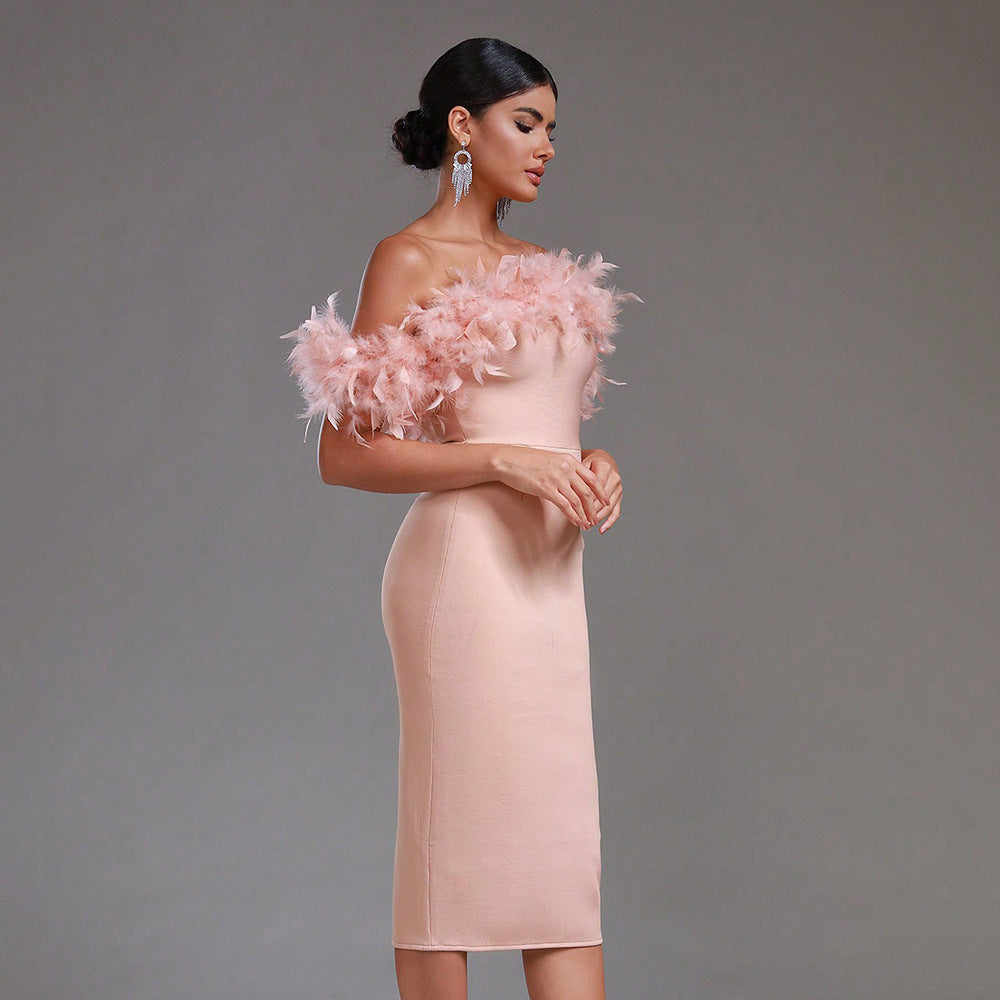 Off-neck Feather Dress - NOIRPYJAMA