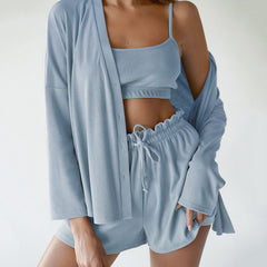 3-Piece Ice Silk Lounge Set – Wrap Top, Shorts & Lightweight Layer - NOIRPYJAMA