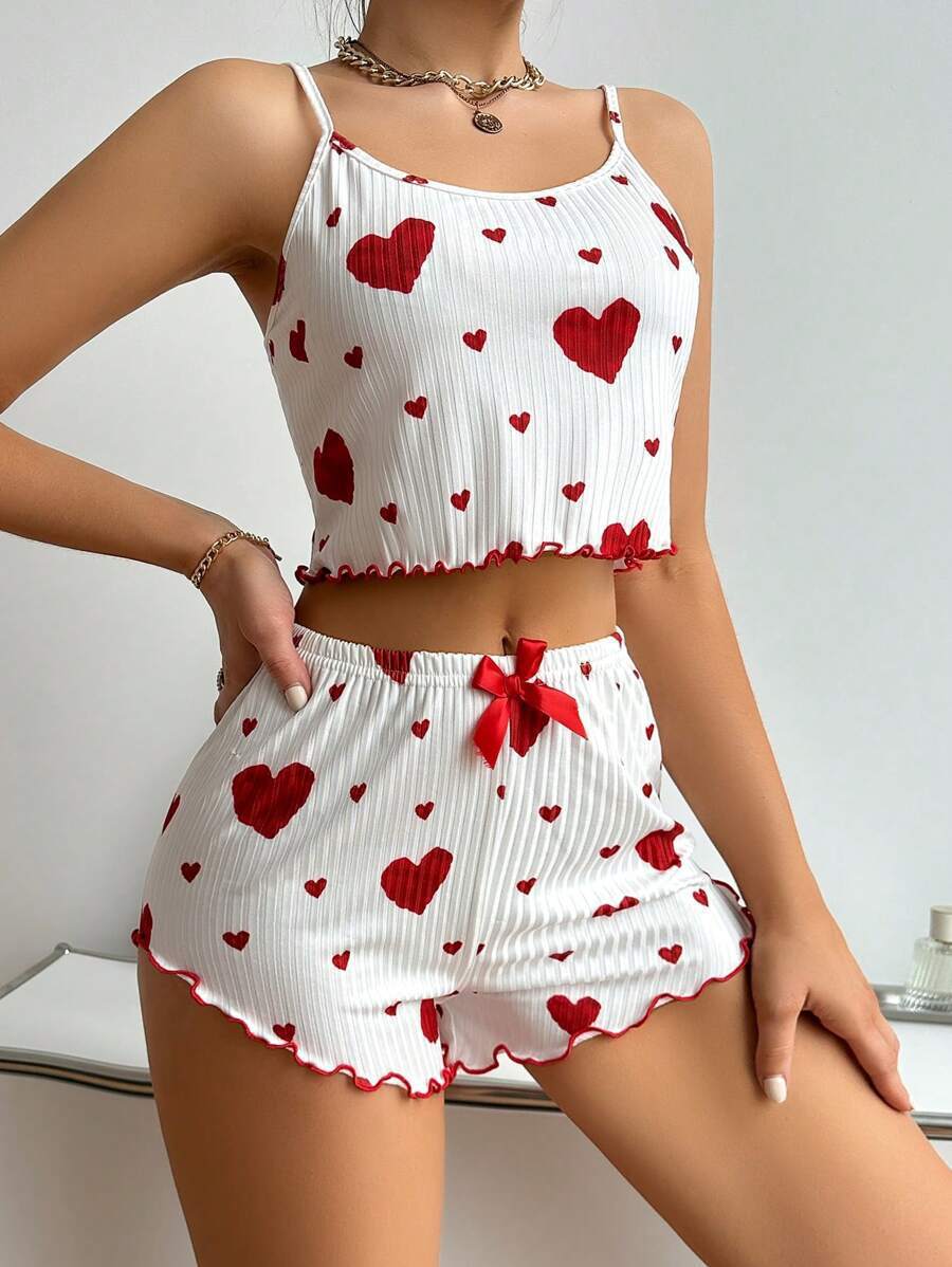 Heart Print Pyjama Set – Striped Suspender Shorts - NOIRPYJAMA