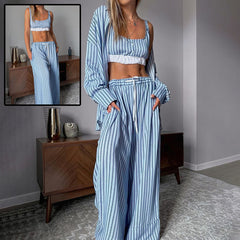 3-Piece Striped Bralette, Cardigan & Pants Lounge Set