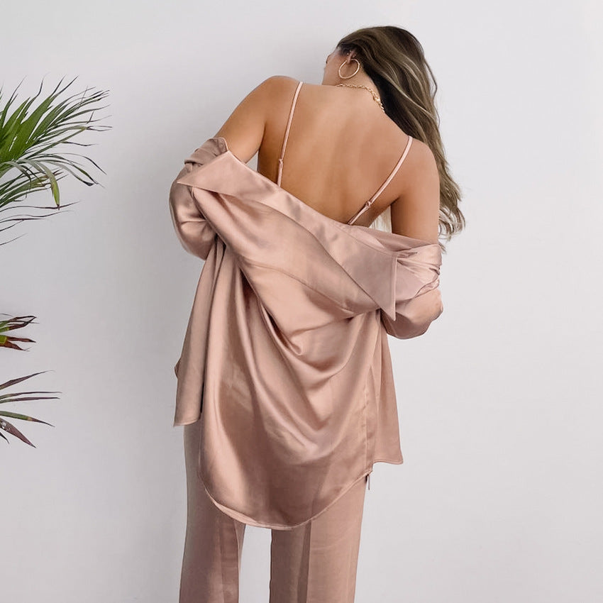 Elegant 3-Piece Lounge Set with Lapel Shirt - NOIRPYJAMA