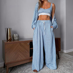 3-Piece Striped Bralette, Cardigan & Pants Lounge Set