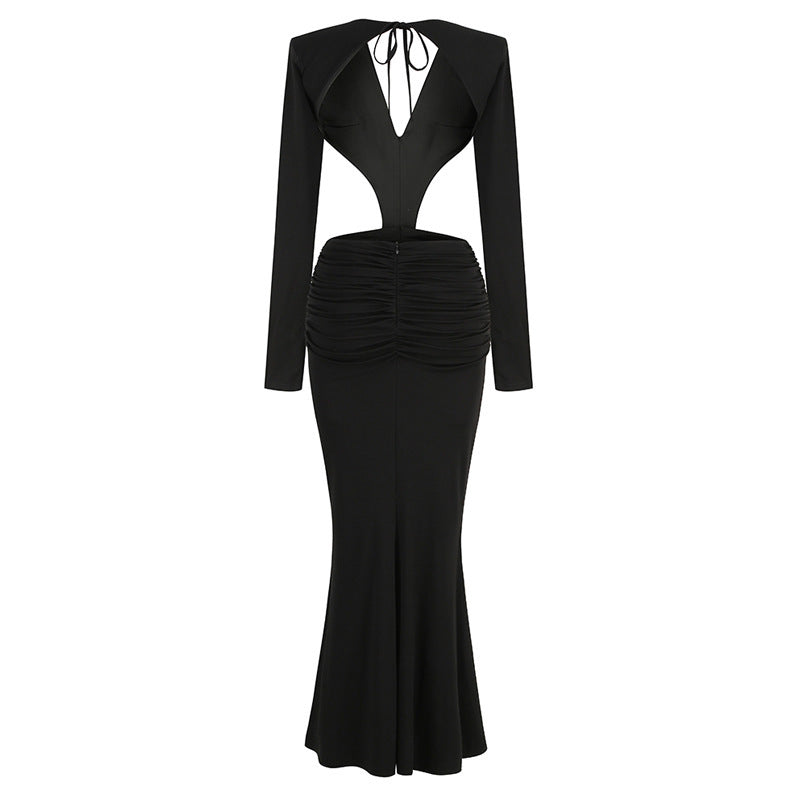 V-Neck Backless Long Sleeve Fishtail Gown with Decorative Flower