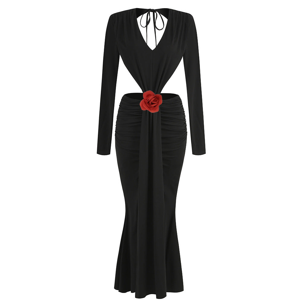 V-Neck Backless Long Sleeve Fishtail Gown with Decorative Flower