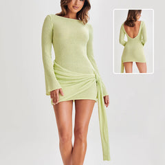 Vera V-Back Mini Dress – Slim Fit Long Sleeve Party Wear - NOIRPYJAMA
