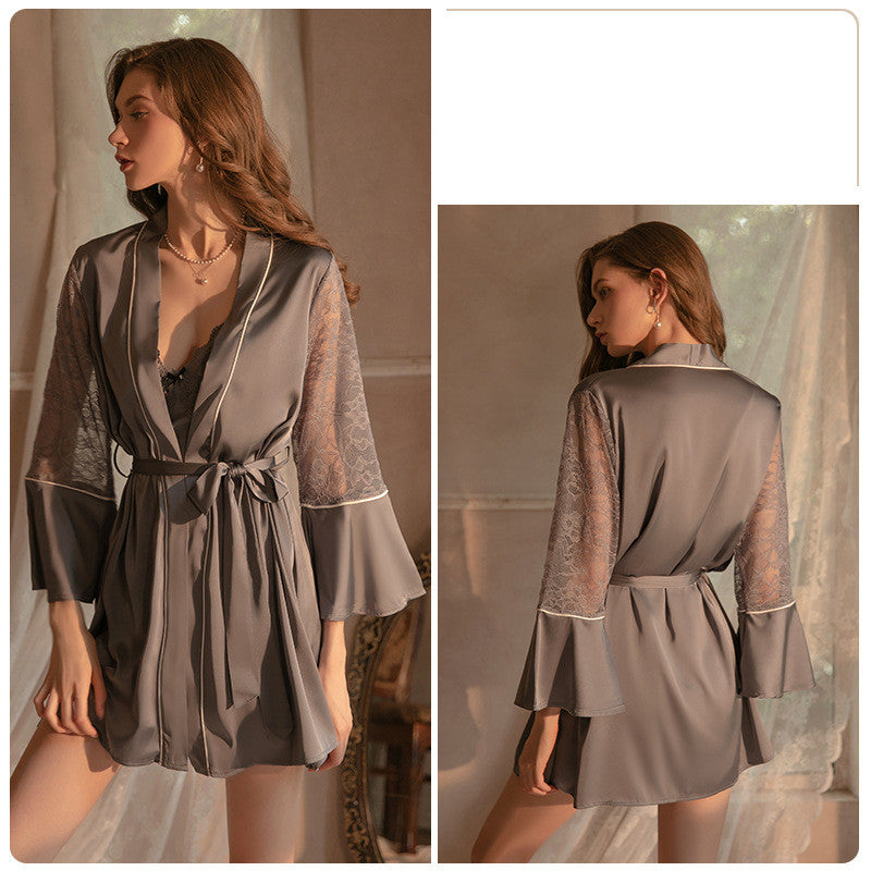 Deep V Lace Satin Nightdress Loungewear Set - NoirPyjamas