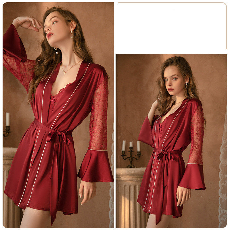 Deep V Lace Satin Nightdress Loungewear Set - NoirPyjamas