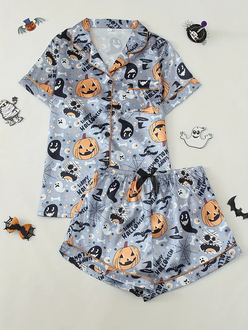Women’s Halloween Pyjama Set – Short Sleeve Pumpkin Print Loungewear - NOIRPYJAMA