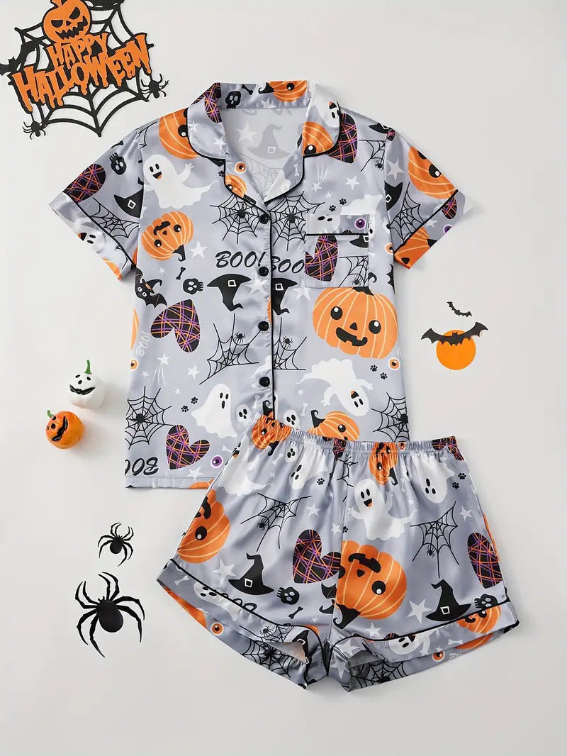 Women’s Halloween Pyjama Set – Short Sleeve Pumpkin Print Loungewear - NOIRPYJAMA