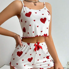 Heart Print Pyjama Set – Striped Suspender Shorts - NOIRPYJAMA