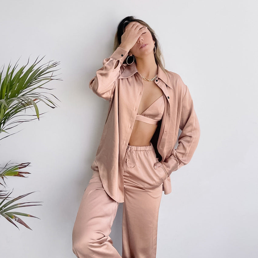Elegant 3-Piece Lounge Set with Lapel Shirt - NOIRPYJAMA
