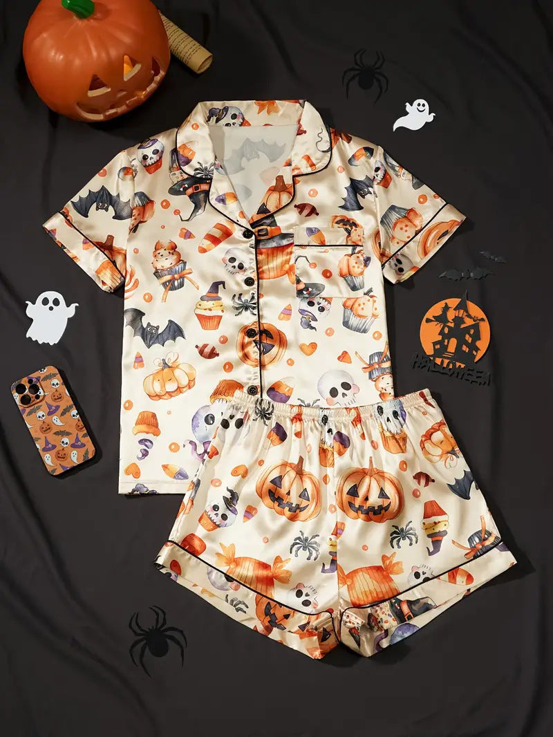 Women’s Halloween Pyjama Set – Short Sleeve Pumpkin Print Loungewear - NOIRPYJAMA
