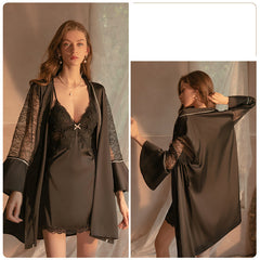 Deep V Lace Satin Nightdress Loungewear Set - NoirPyjamas