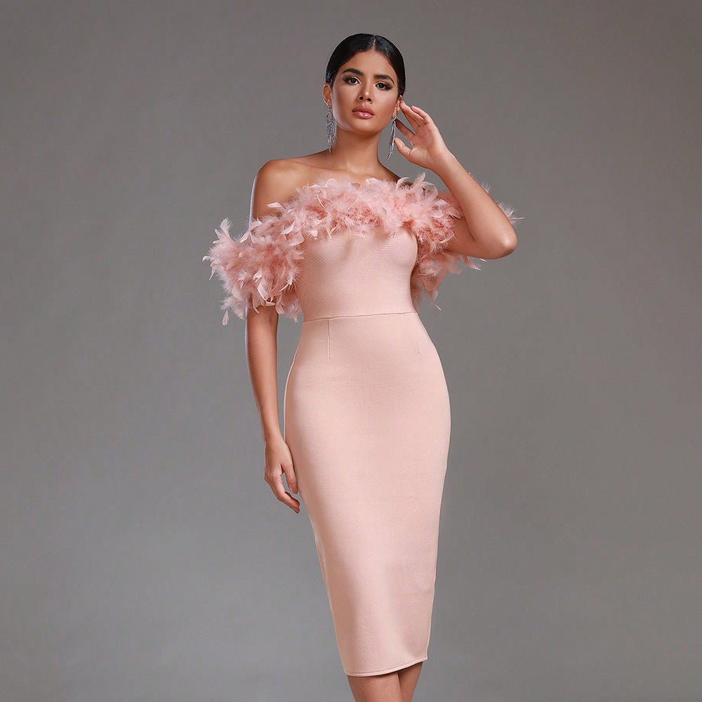 Off-neck Feather Dress - NOIRPYJAMA