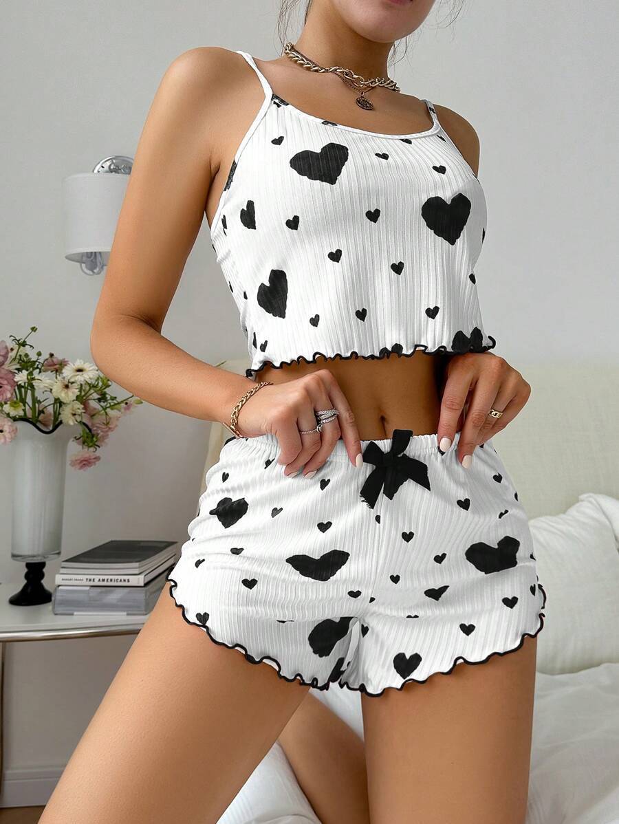 Heart Print Pyjama Set – Striped Suspender Shorts - NOIRPYJAMA