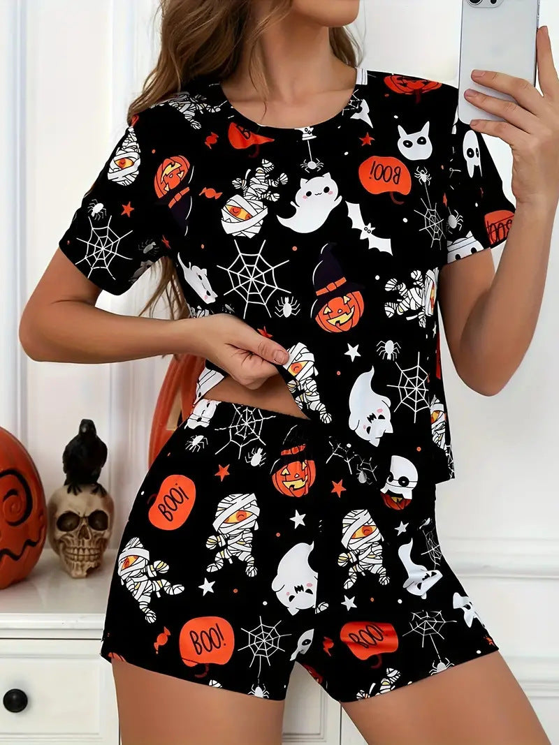 Women’s Halloween Pyjama Set – Short Sleeve Pumpkin Print Loungewear - NOIRPYJAMA