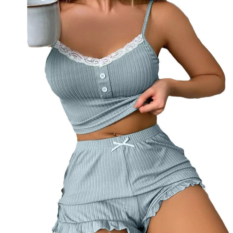 Sexy Lace Lace Spaghetti-strap Pyjamas Suit - NoirPyjamas
