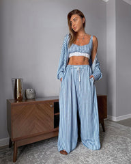 3-Piece Striped Bralette, Cardigan & Pants Lounge Set
