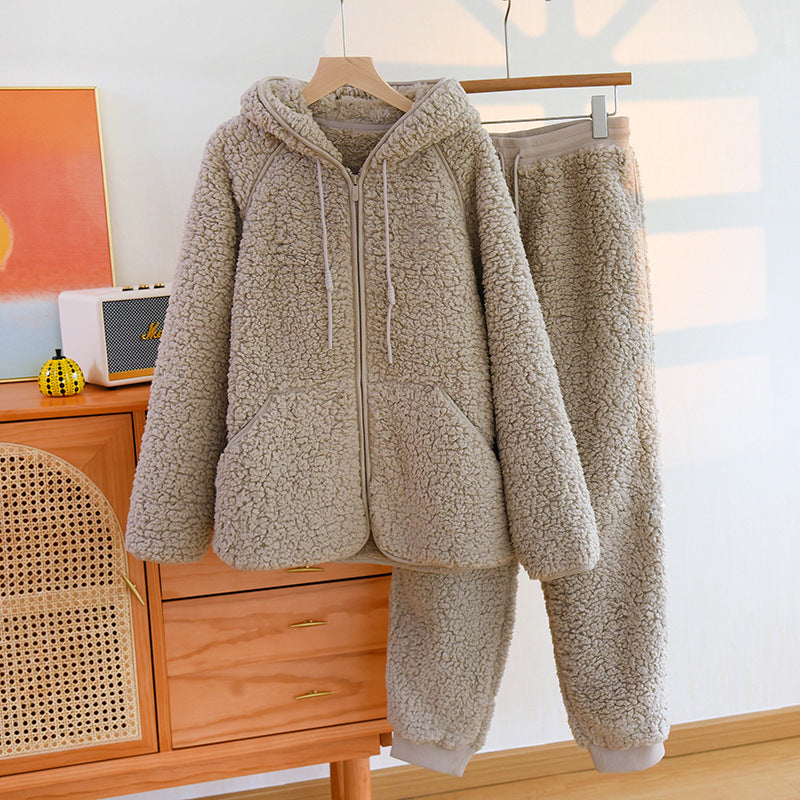 Autumn And Winter 2 Piece Flannel Cute Hooded Thickened Loungewear - NoirPyjamas
