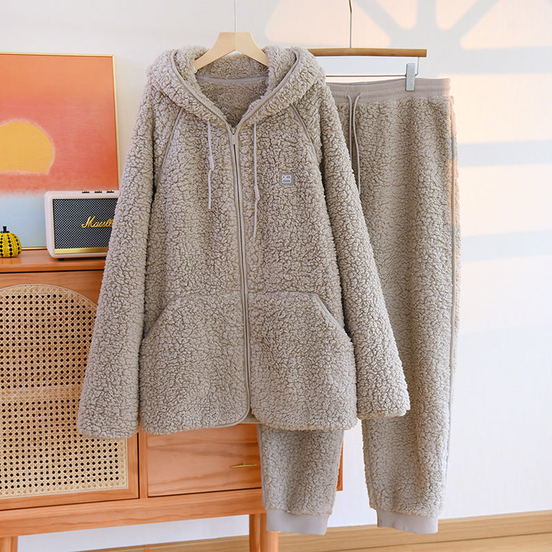 Autumn And Winter 2 Piece Flannel Cute Hooded Thickened Loungewear - NoirPyjamas