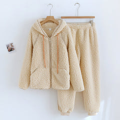 Autumn And Winter 2 Piece Flannel Cute Hooded Thickened Loungewear - NoirPyjamas