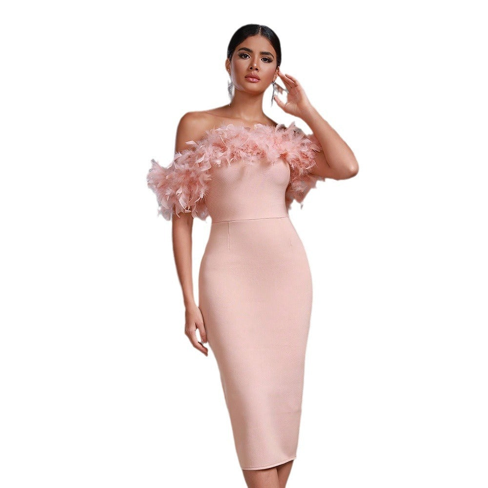 Off-neck Feather Dress - NOIRPYJAMA